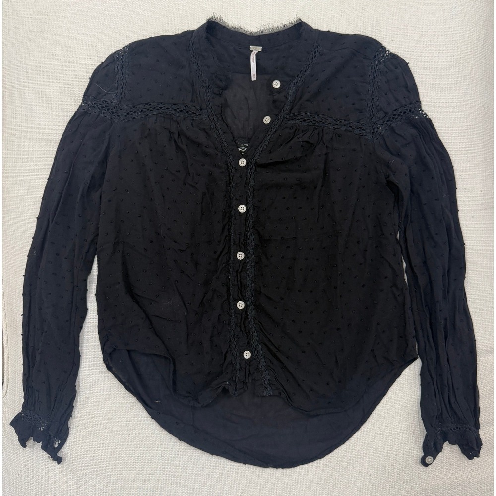 Free People Swiss Dot Blouse Womens XS Black Crochet Lace Trim Excellent